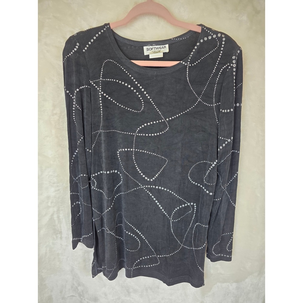 Softwear by Mark Singer Black Silver Glitter Swirl Ribbed Long Sleeve Top Tunic